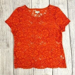 MAISON JULES Women’s Orange Sheer Floral Short Sleeve Blouse Size Medium
